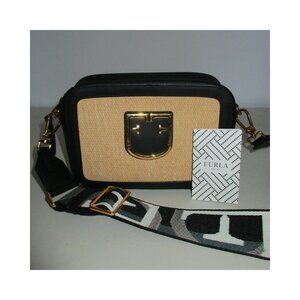 Furla Brava Mini Straw & Black Leather Summer Crossbody Shoulder Bag NWOT